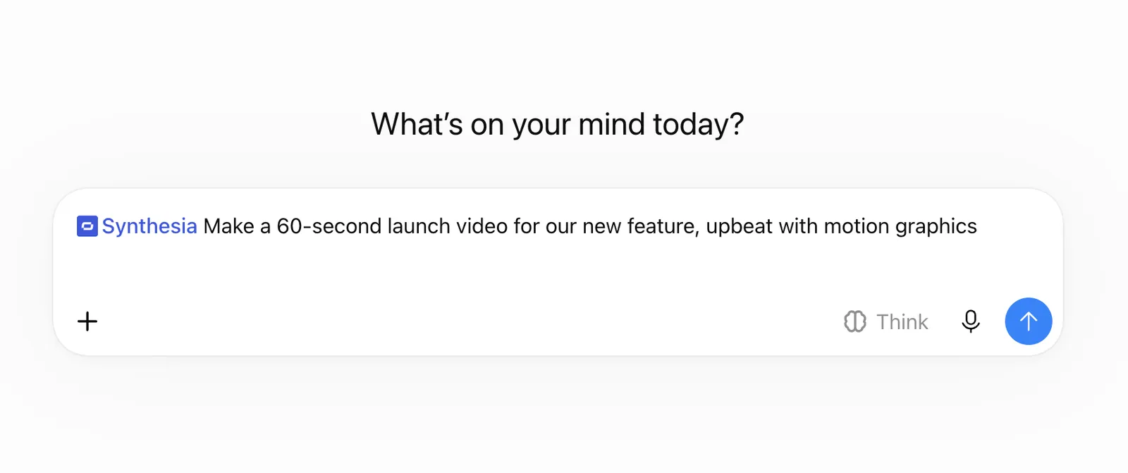The ChatGPT message box with Synthesia tagged at the start of a prompt asking for a 60-second launch video