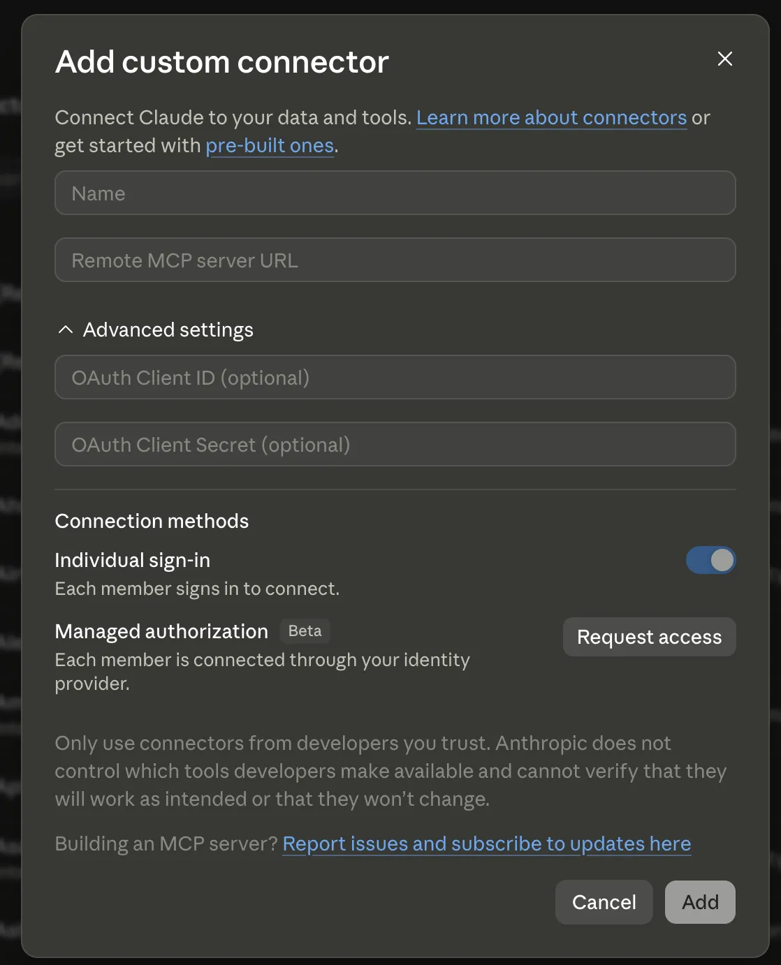The organization Add custom connector dialog with Name, Remote MCP server URL, empty Advanced settings for OAuth Client ID and Secret, and Connection methods