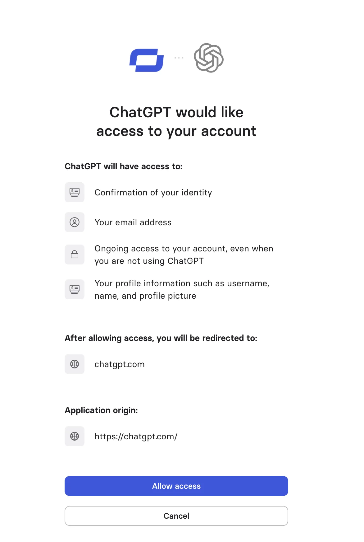 The Synthesia consent screen asking to allow ChatGPT access to your account, with Allow access and Cancel buttons