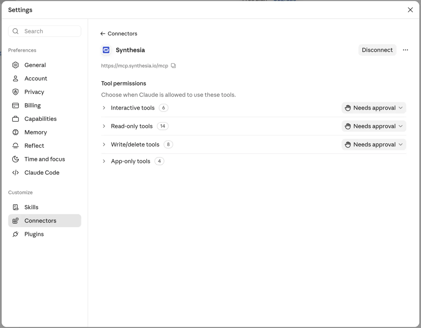 The Synthesia connector page in Claude showing tool permissions grouped as interactive, read-only, write/delete and app-only tools