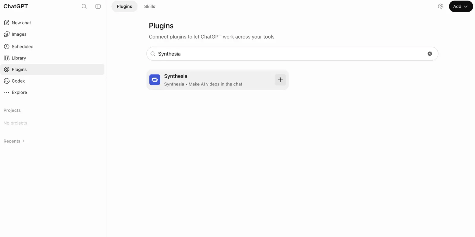 The ChatGPT Plugins page with Synthesia searched and the Synthesia plugin listed with a plus button