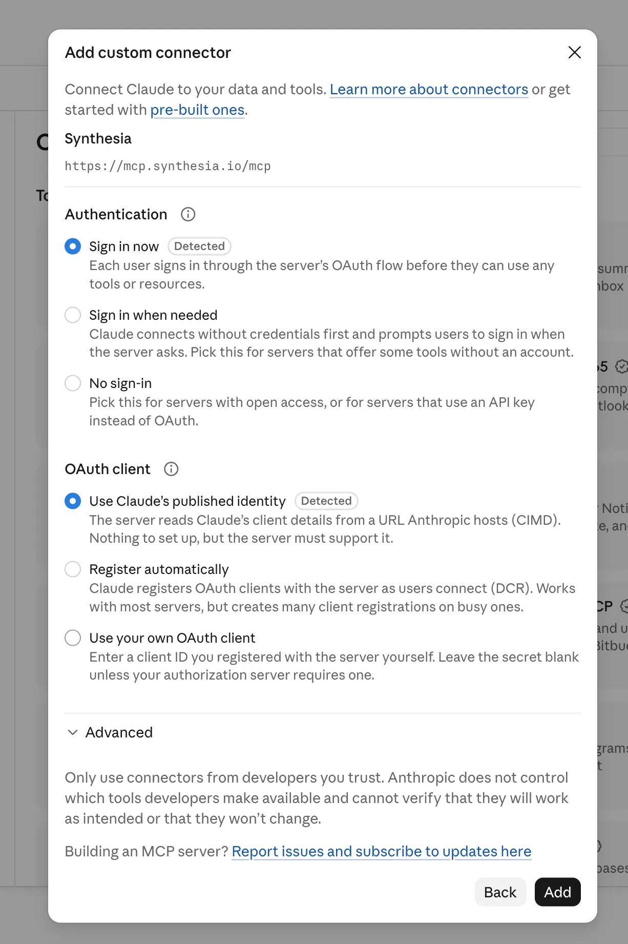 The authentication step of the Add custom connector dialog with Sign in now and Use Claude's published identity selected