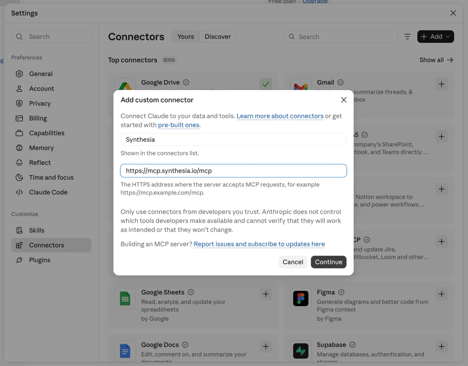 The Add custom connector dialog with the name Synthesia and the server URL entered